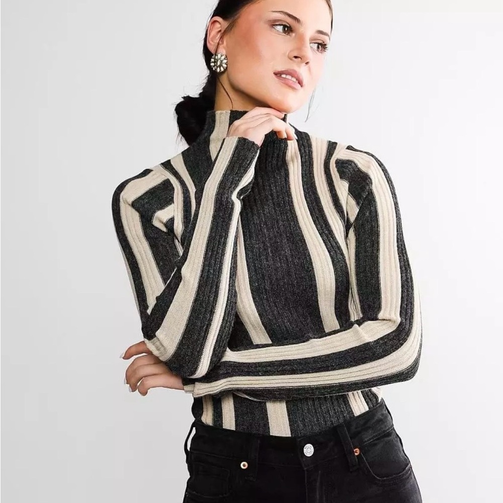 Red by BKE Striped Ribbed Cowl-Neck Sweater in Grey and Cream